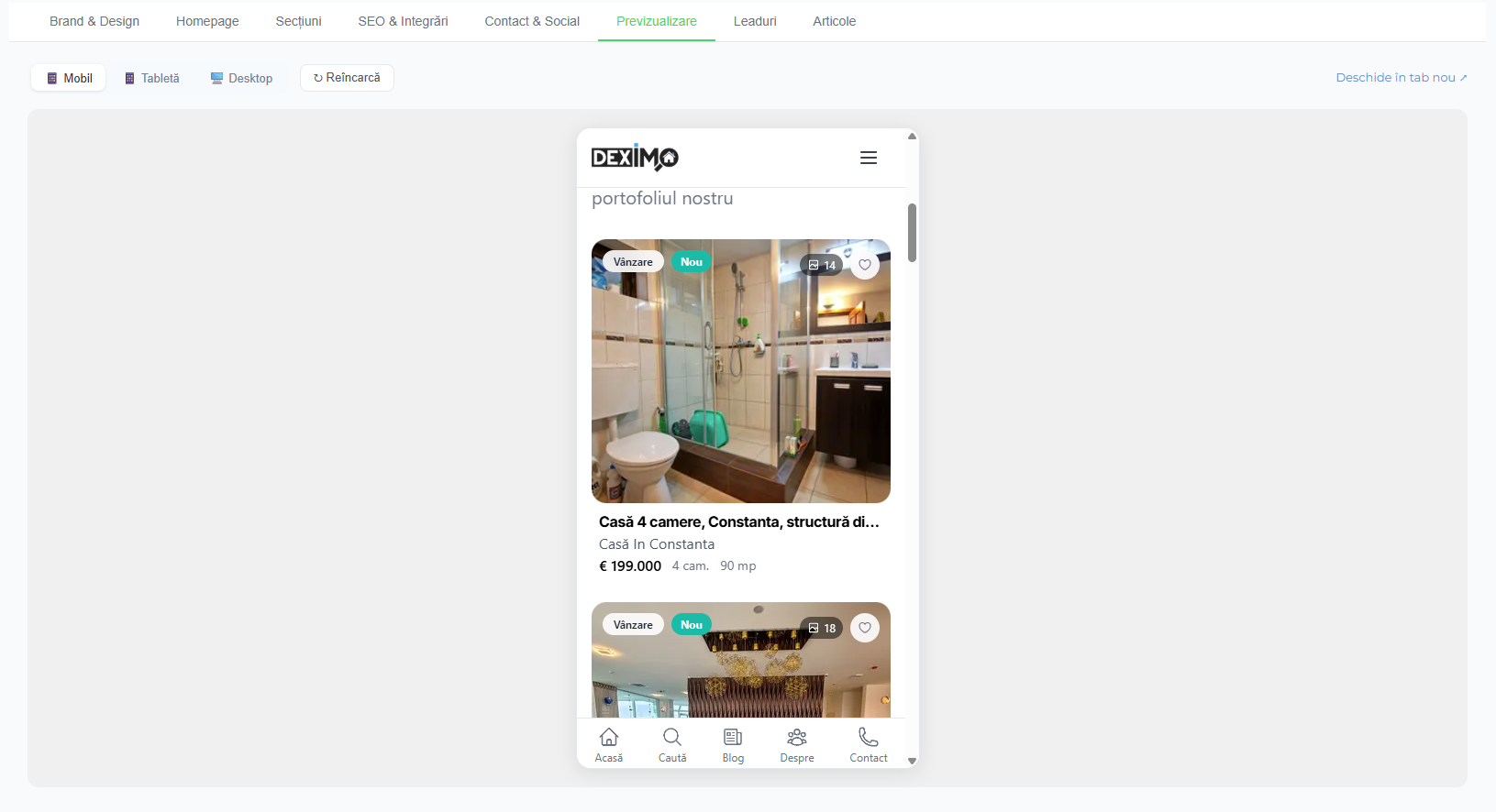 Website Builder — preview mobil